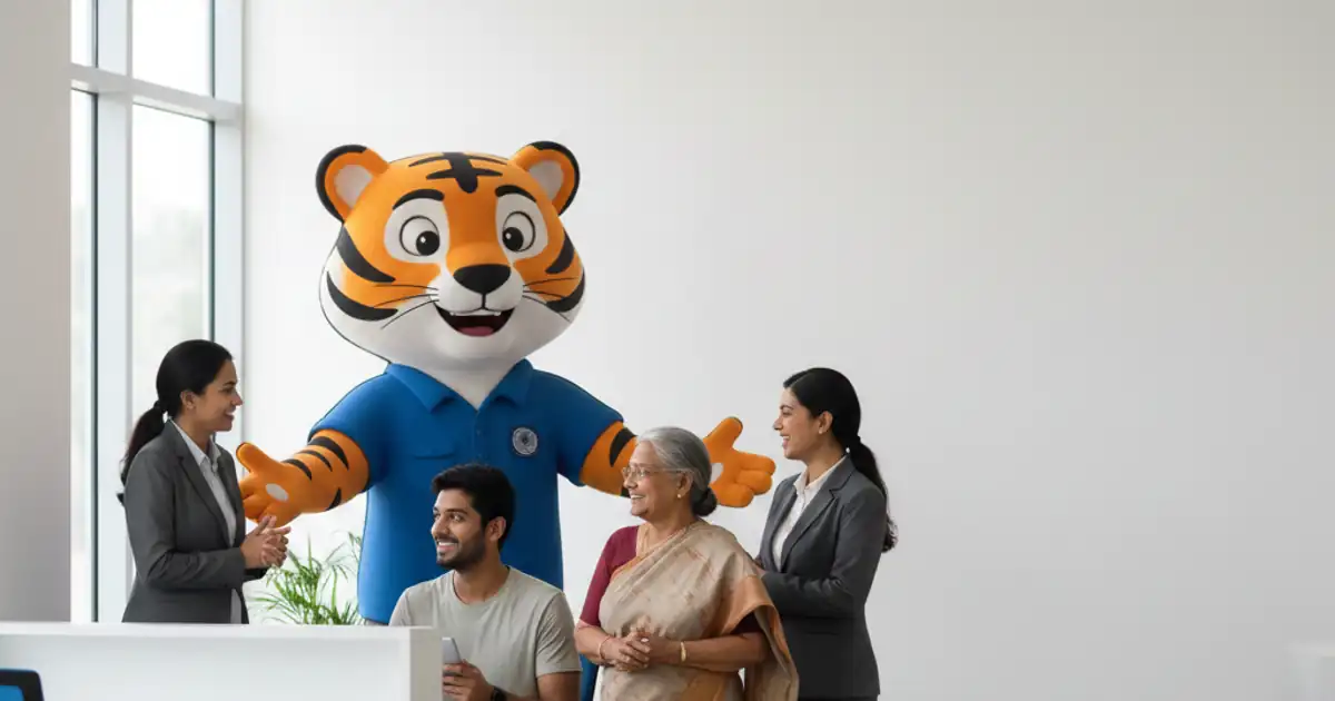 UIDAI Udai mascot आधार सेवाओं में मदद करता हुआ
