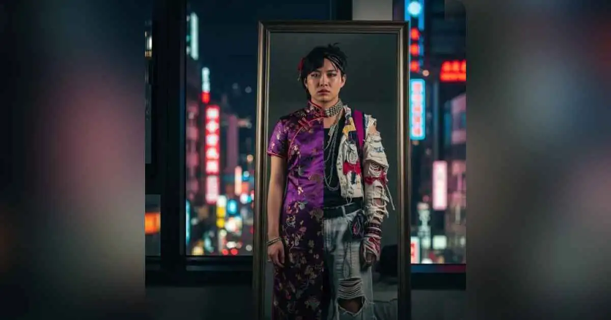 Individual confronting societal vs personal identity in front of a mirror