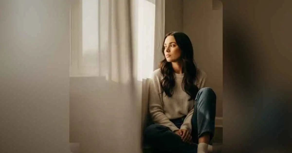A woman sitting alone in a quiet room with sunlight filtering through a window