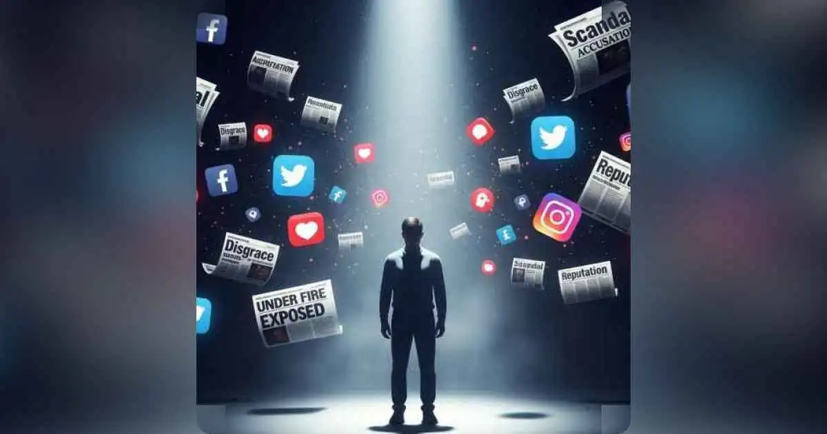 Silhouette of a man under spotlight surrounded by social media icons and rumors
