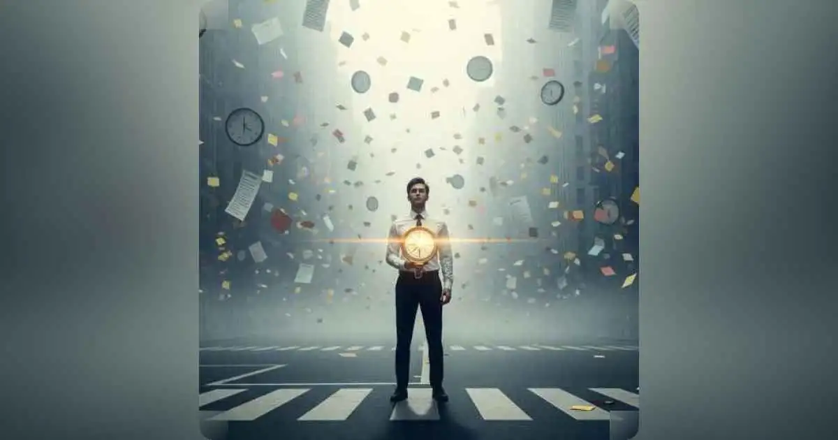 Person overwhelmed with calendar reminders and sticky notes, staring at a blank wall