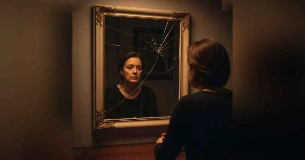 A person looking at their reflection in cracked glass