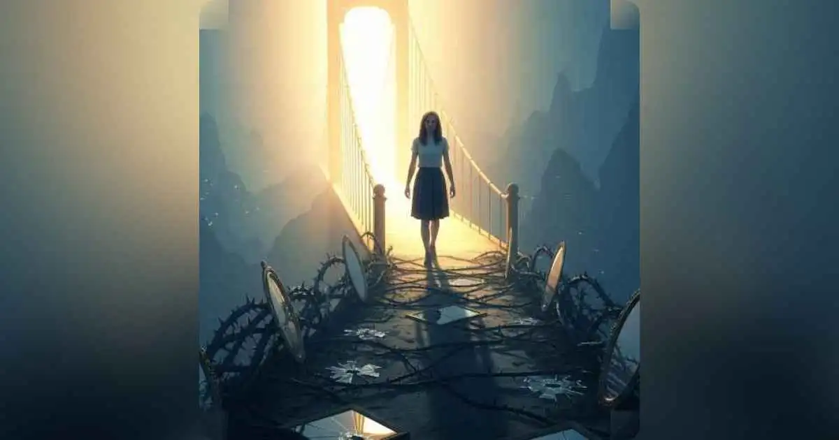 Person hesitating at the edge of a glowing bridge leading to a calm light, torn between a dark past and a hopeful future