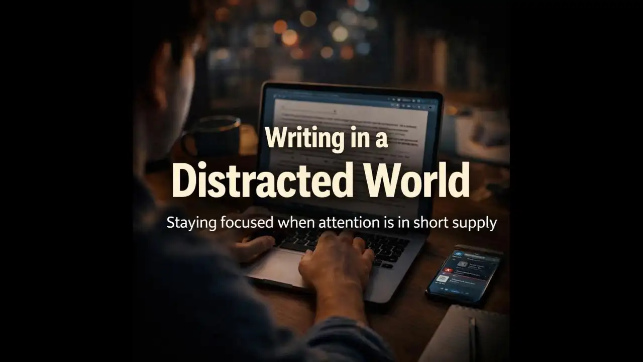 Writer struggling to focus in a digital environment with distractions and notifications
