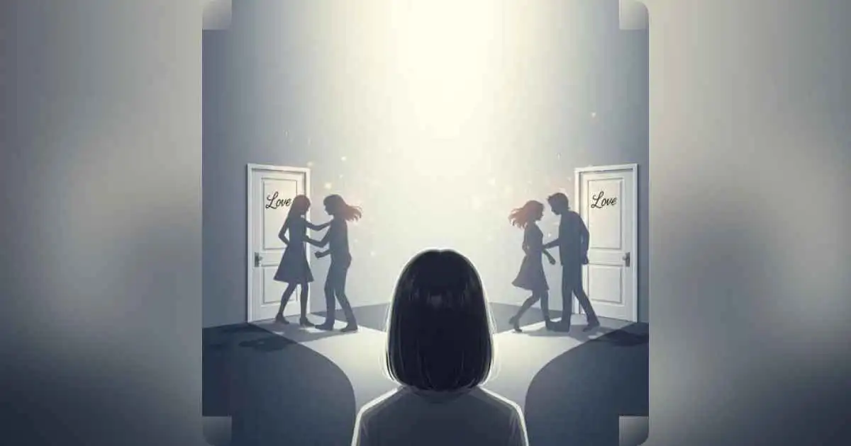 A person facing two identical love choices symbolizing repetitive relationship patterns.