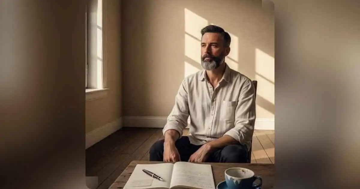 Person sitting in soft morning light, journaling quietly - a moment of self growth and personal reflection.