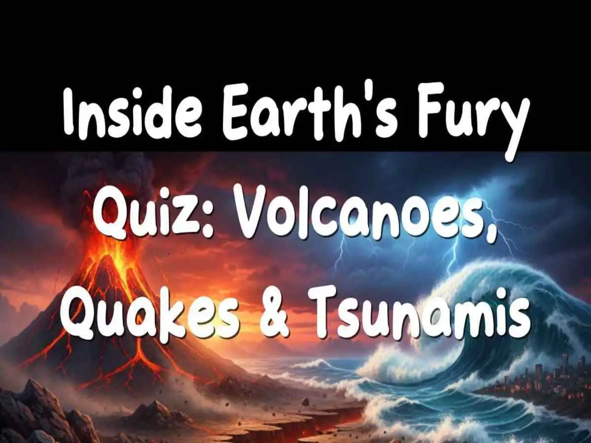 Quiz cover with volcano, earthquake fissure, and tsunami illustration