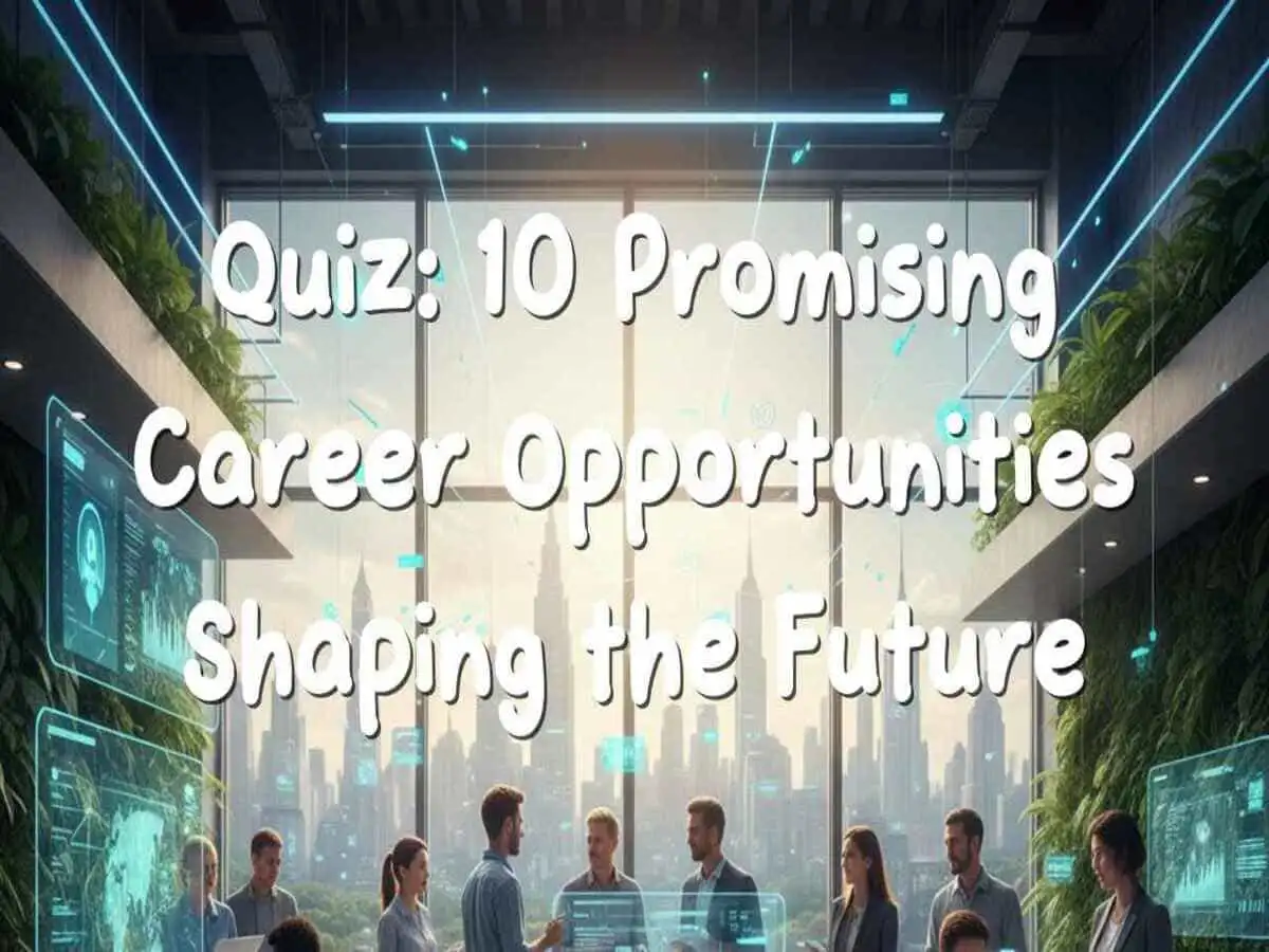 भविष्यवादी वर्कस्पेस में विविध पेशेवरों के साथ क्विज़ कवर