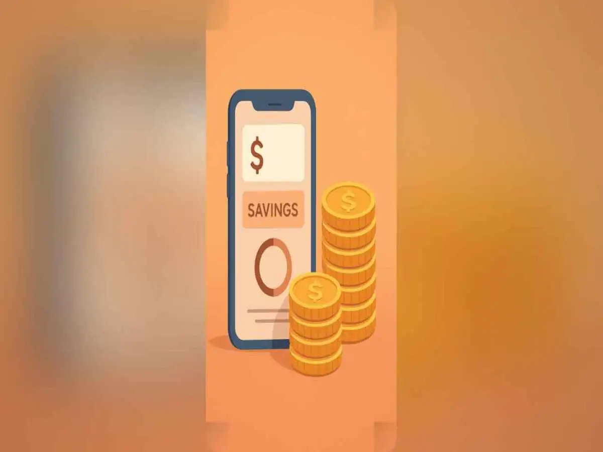Stack of coins next to a smartphone showing a savings app, warm gradient background