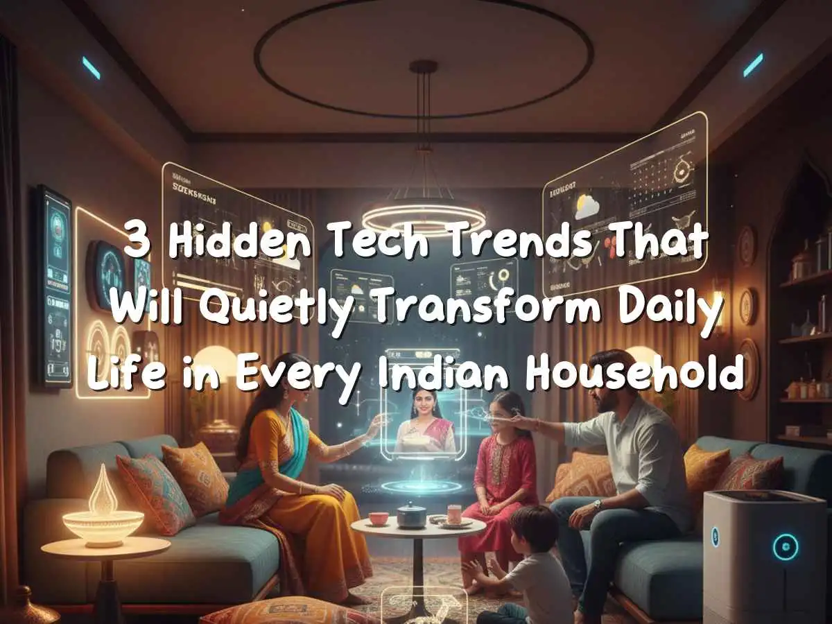 Indian home interior with subtle smart devices, voice assistant, and connected appliances in warm light