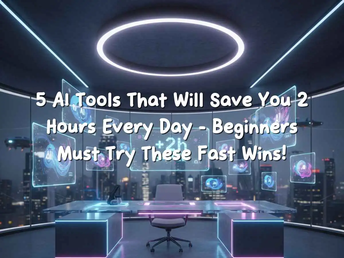 Cover: modern workspace with AI icons, clock showing saved time, and bold headline.