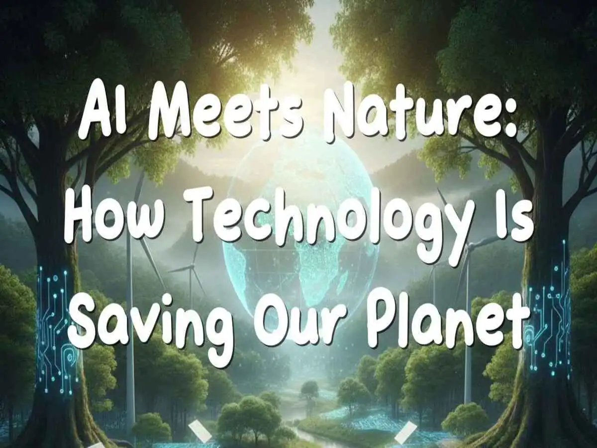 A vibrant forest merging with glowing AI circuit patterns representing harmony between nature and technology