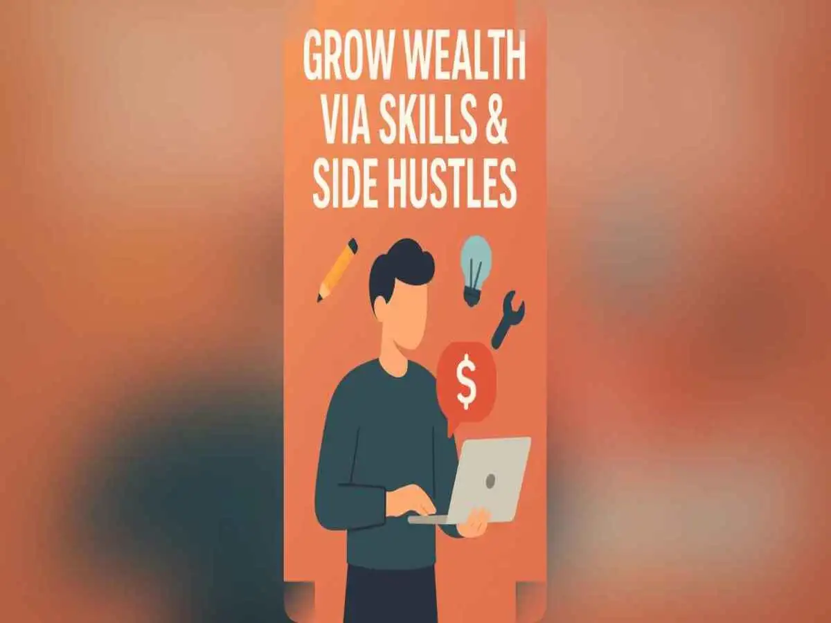 A person balancing laptop and creative tools symbolizing skills and side hustles