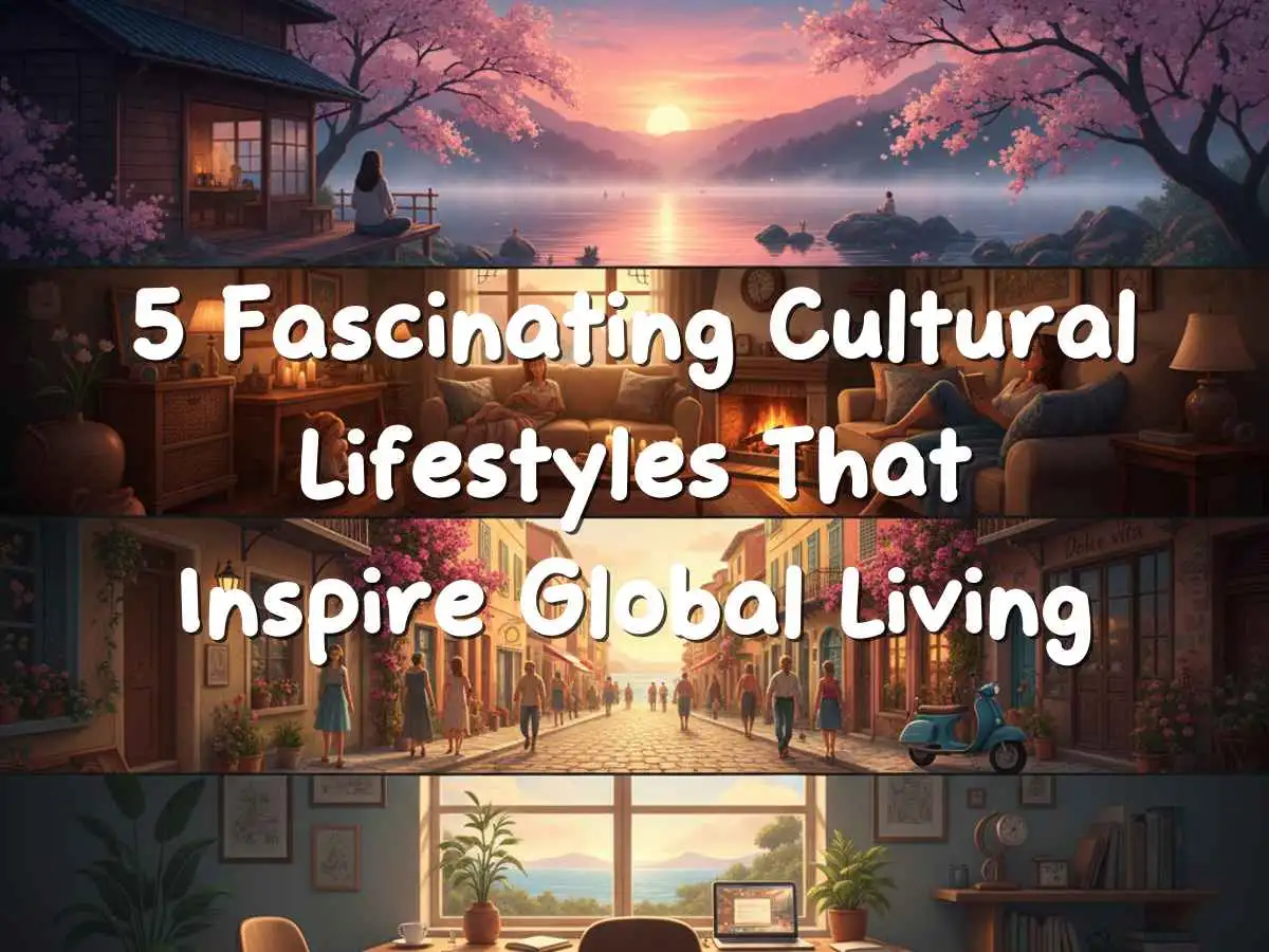 A collage showing diverse cultural lifestyles including Ikigai, Hygge, Lagom, and Ubuntu concepts.