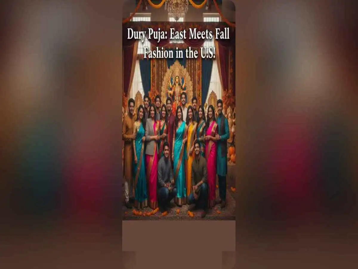 A diverse group of people in fusion Indian and Western fall attire celebrating Durga Puja in a decorated U.S. setting.