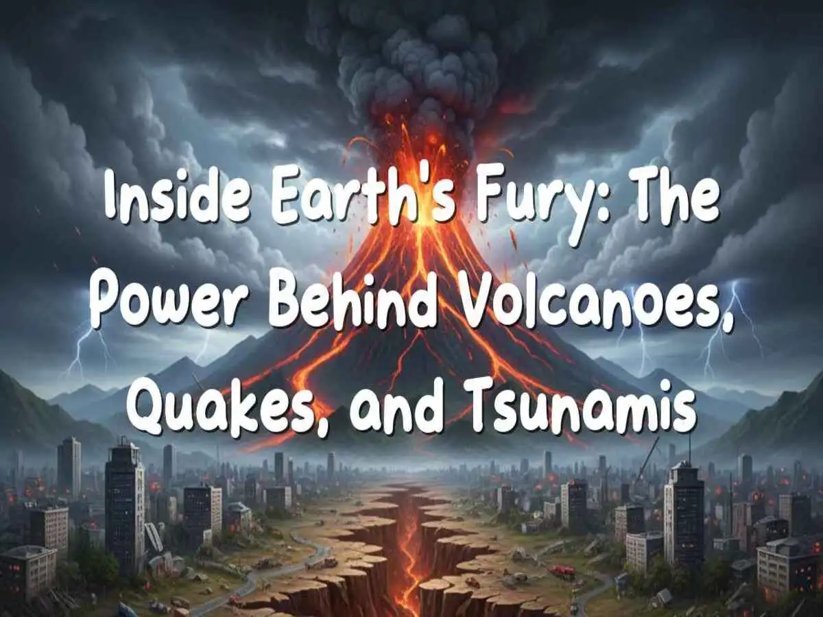 Explosive volcanic eruption with tsunami waves and lightning in stormy sky