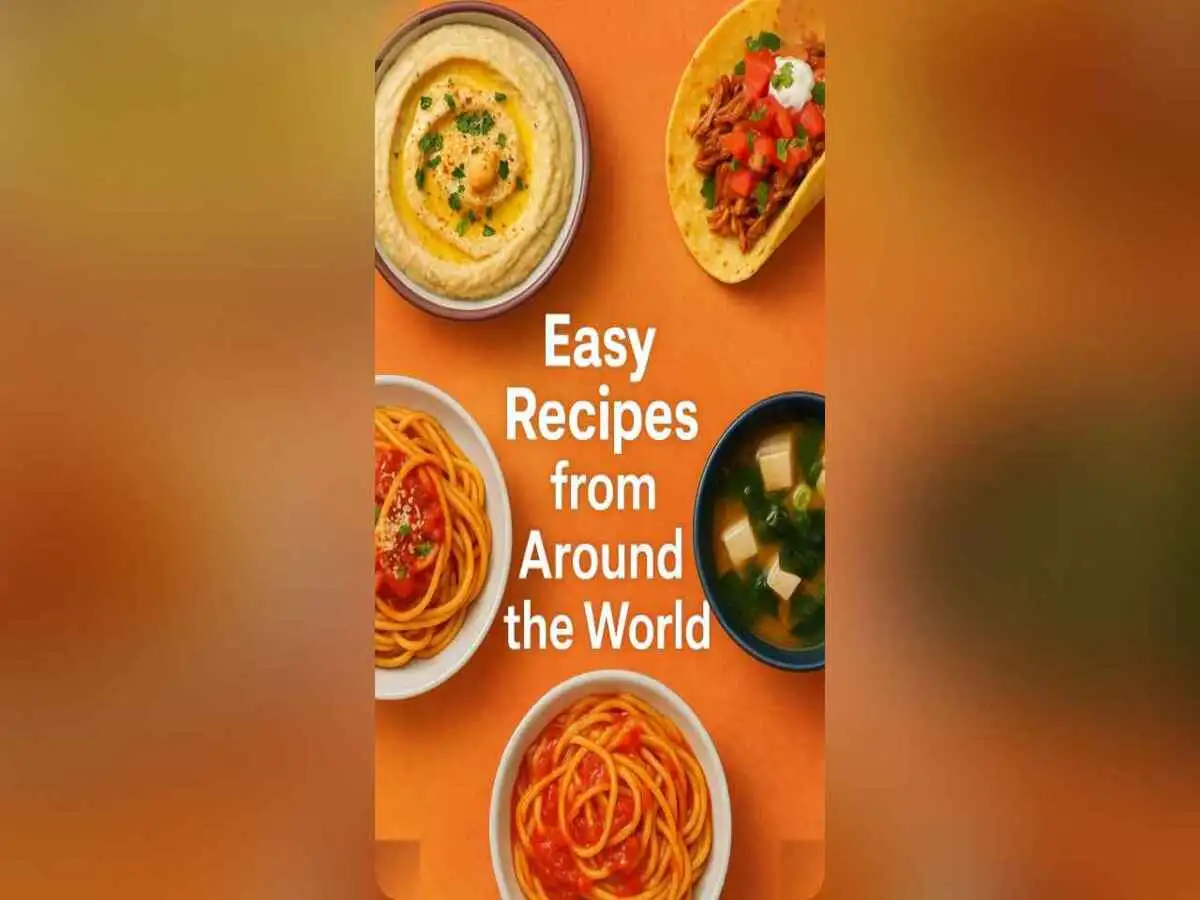 Collage of colorful international dishes over a subtle world map, space for title text.