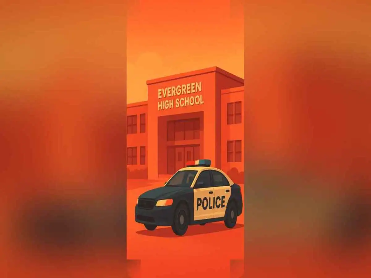 Police cars outside Evergreen High School after the tragic Colorado shooting