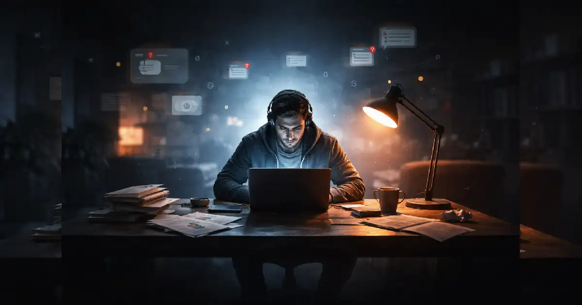 Cinematic illustration showing a freelancer working alone in a dark, modern workspace