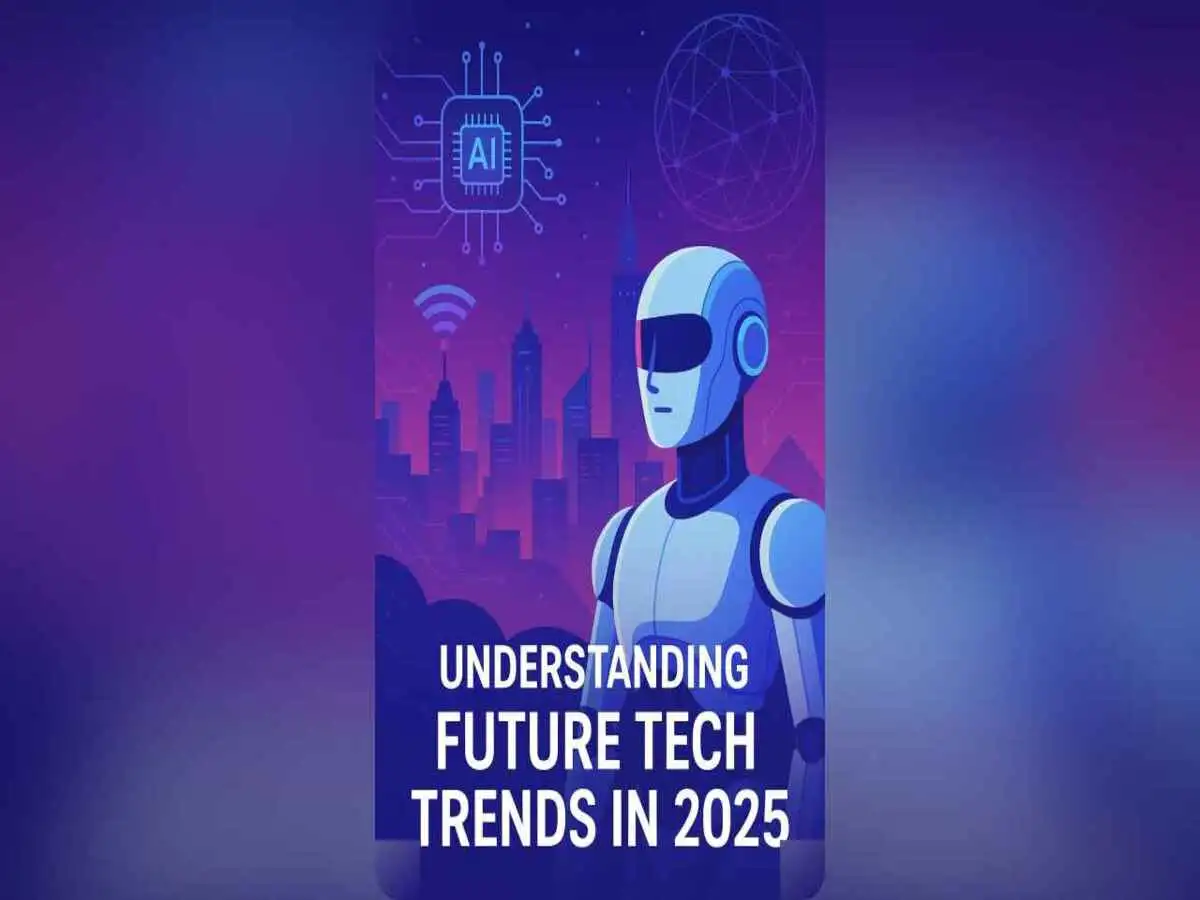 Futuristic city with AI, robotics, and digital networks representing 2025 innovations