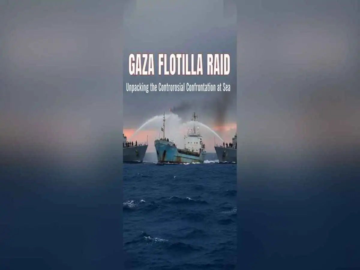 A chaotic scene at sea with naval vessels and a civilian ship, representing the Gaza Freedom Flotilla confrontation.