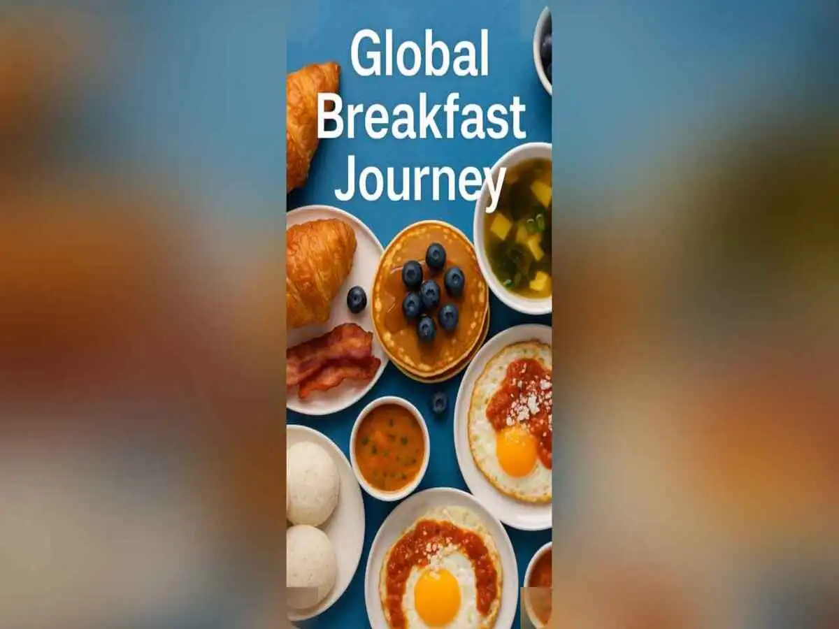 a table with diverse international breakfast dishes