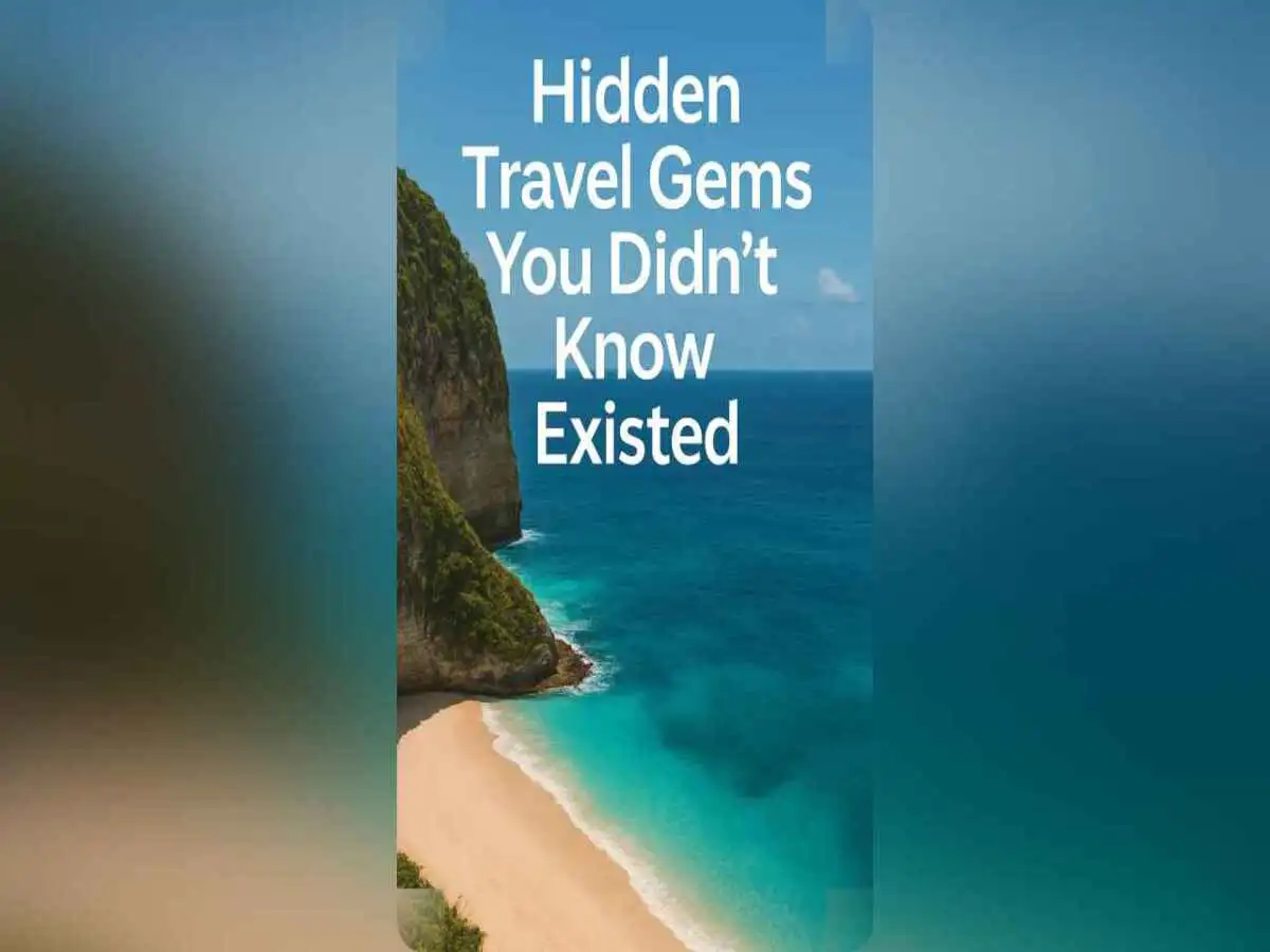 Collage of secret travel spots: secluded beach, mountain village, narrow alley, aerial island view