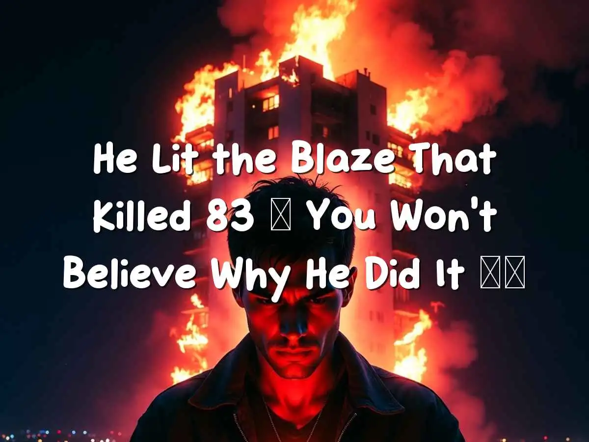 रात में जलती 38 मंजिला इमारत के सामने लाइटर पकड़े हुए आदमी की सिल्हूट, लाल आग चेहरे पर पड़ रही