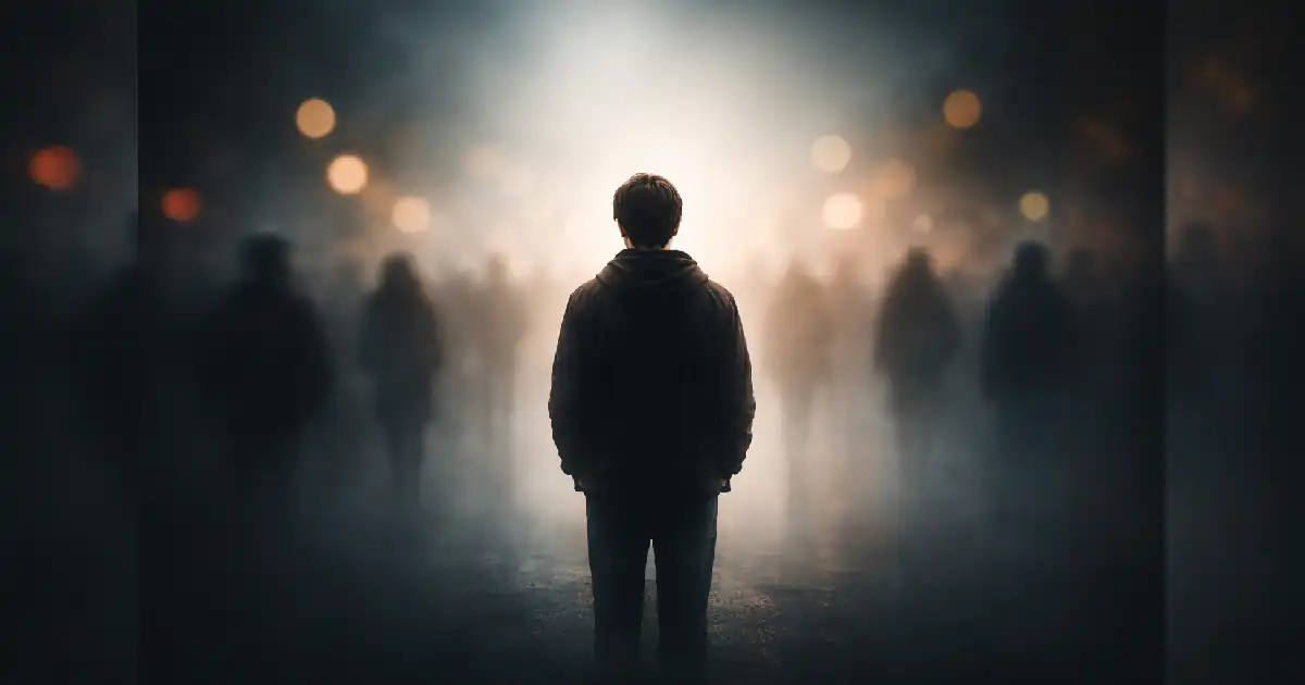 Symbolic illustration showing a person standing alone in a blurred crowd
