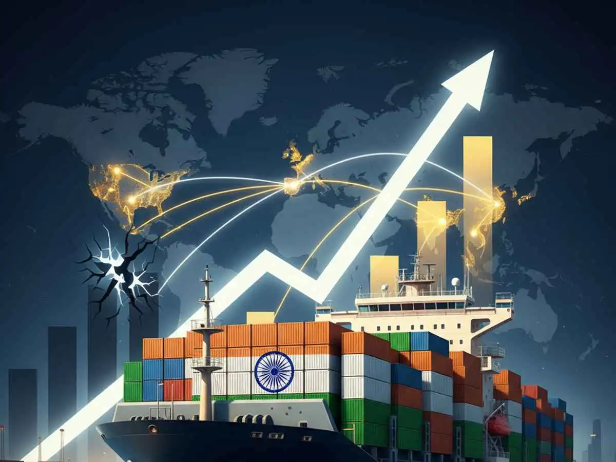 भारतीय निर्यात वृद्धि दर्शाते जहाज और वैश्विक व्यापार मार्ग