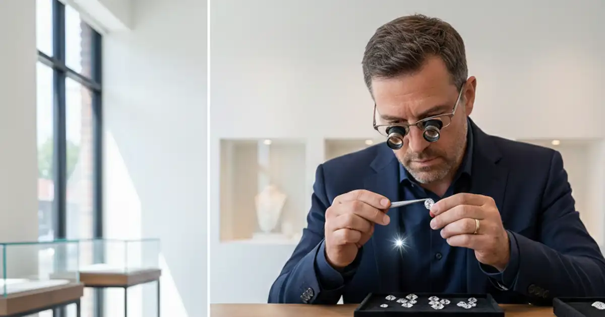 Modern jewelry showroom with a jeweler examining a lab-grown diamond