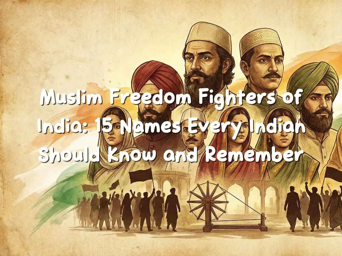 Collage of historic portraits and symbols representing Muslim freedom fighters of India