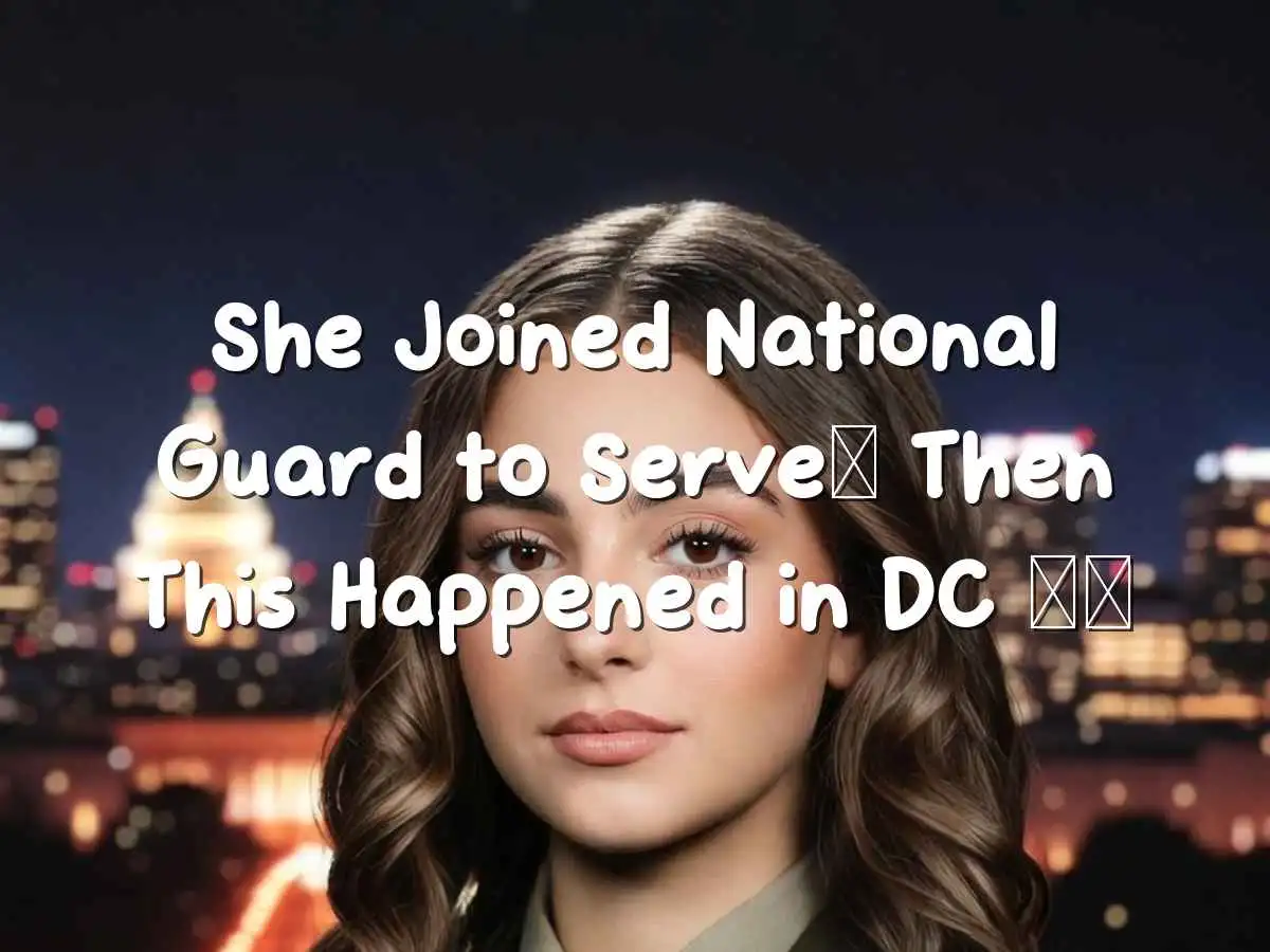 युवा सारा बेकस्ट्रॉम नेशनल गार्ड यूनिफॉर्म में पोर्ट्रेट, उदास DC स्काईलाइन रात में हल्की छायाओं के साथ