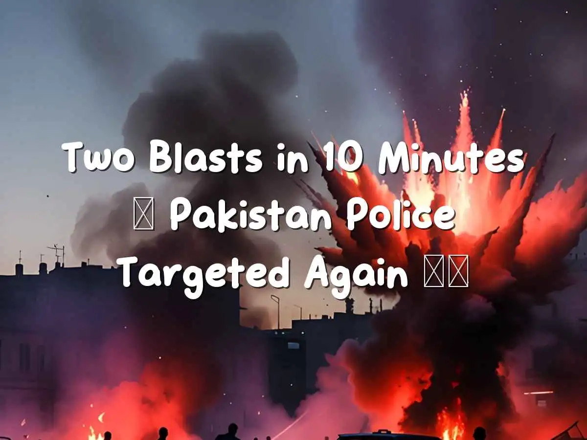 कराची की सड़क पर दो विशाल धमाकों से उठता काला धुआँ और आग, बर्बाद पुलिस गाड़ियाँ, अराजक रात का दृश्य