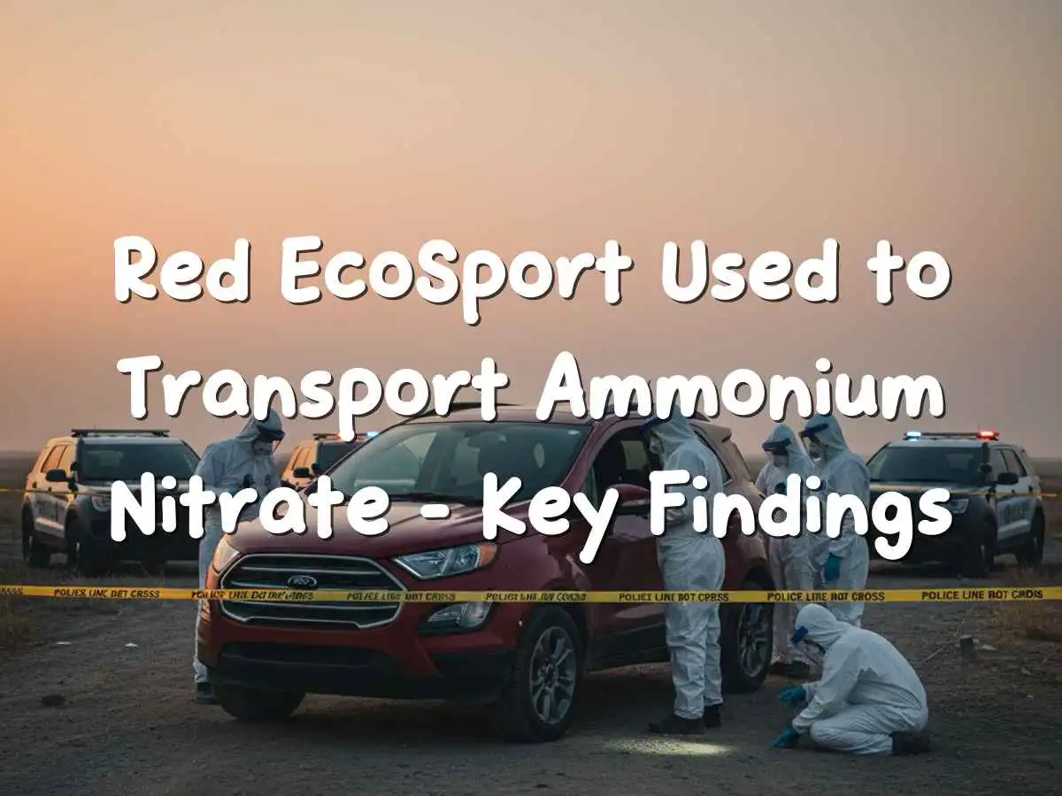 Abandoned red Ford EcoSport at a rural plot, investigators and police at the scene