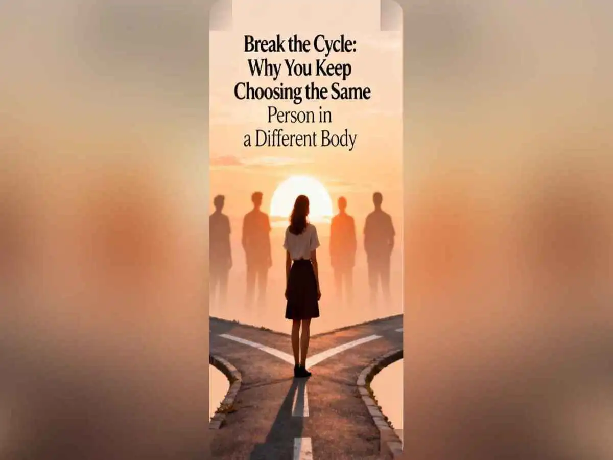 Woman at crossroads, multiple shadow partners, hopeful sunrise, symbolizing breaking cycles