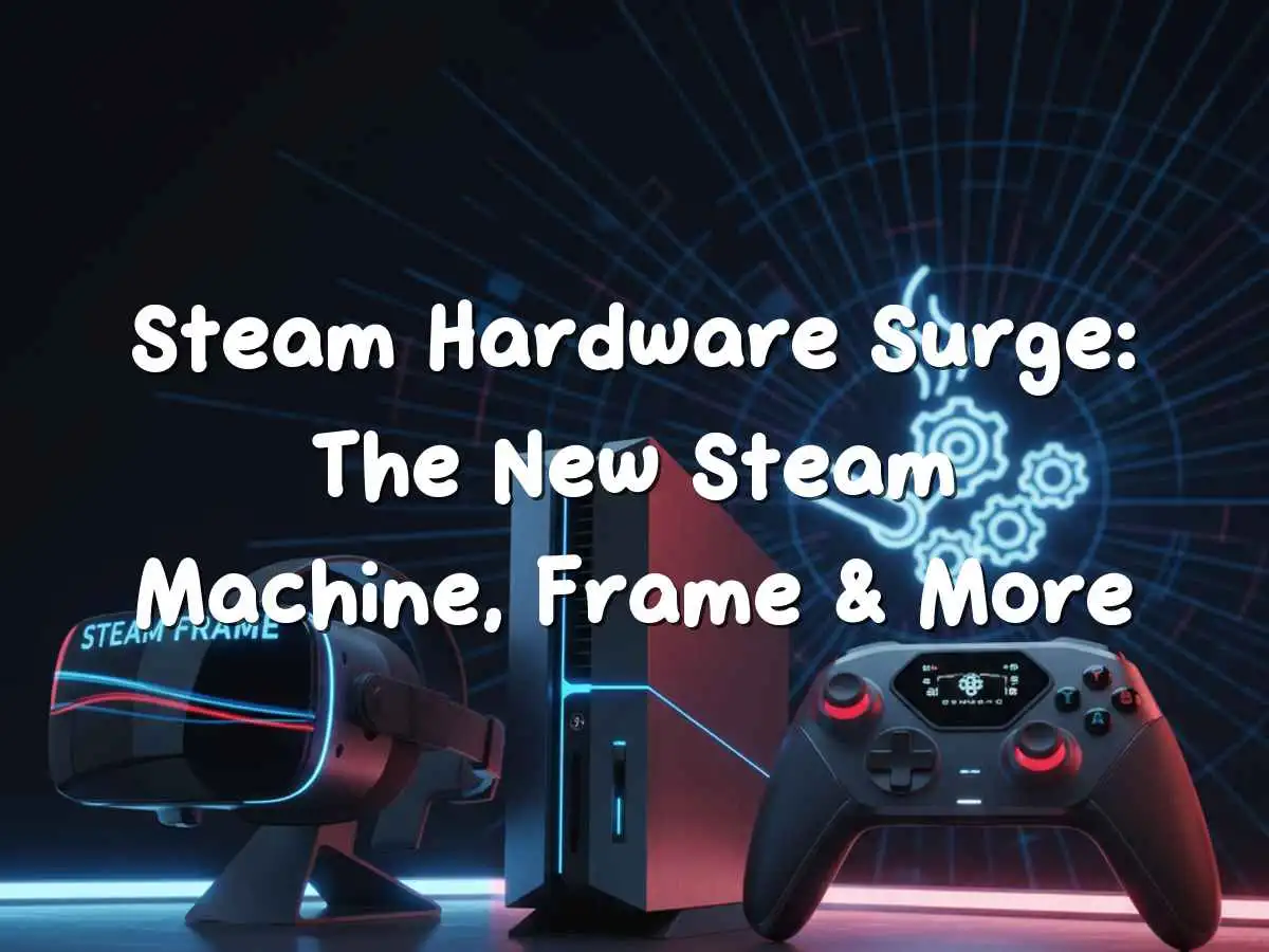 Valve hardware lineup showing Steam Machine console, Steam Frame VR headset and new Steam Controller