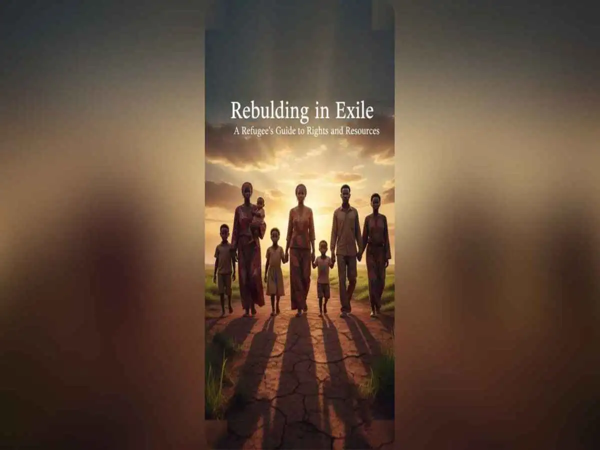 Sudanese family walking together towards a hopeful horizon in a new land, symbolizing resilience and the journey of rebuilding.