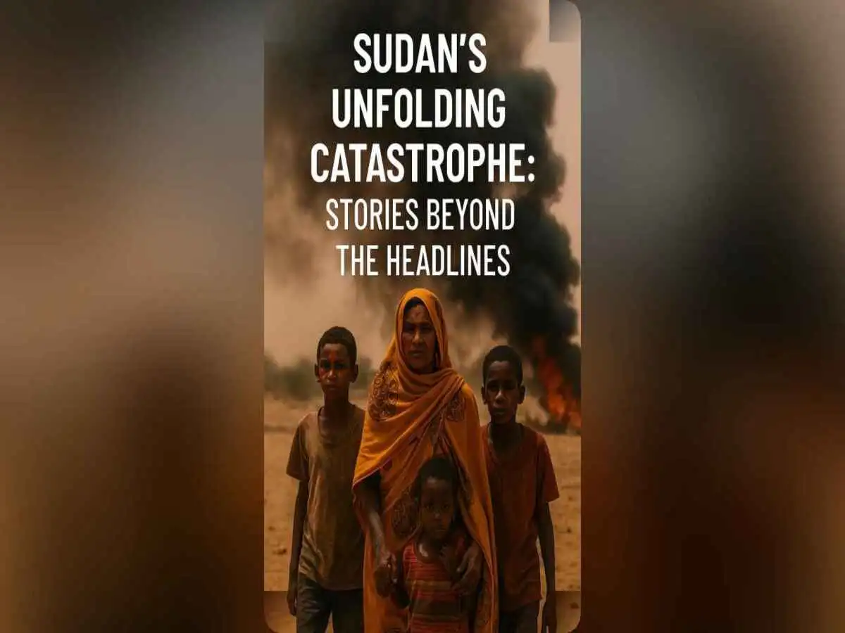 Sudanese families walking through arid land amid smoke and conflict