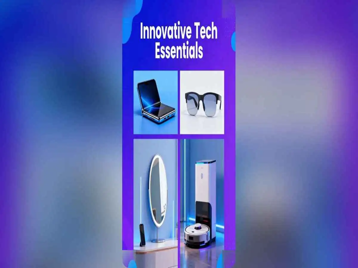 A collage of innovative gadgets from 2025, including foldable phones, AR glasses, smart mirrors, and robot vacuums.