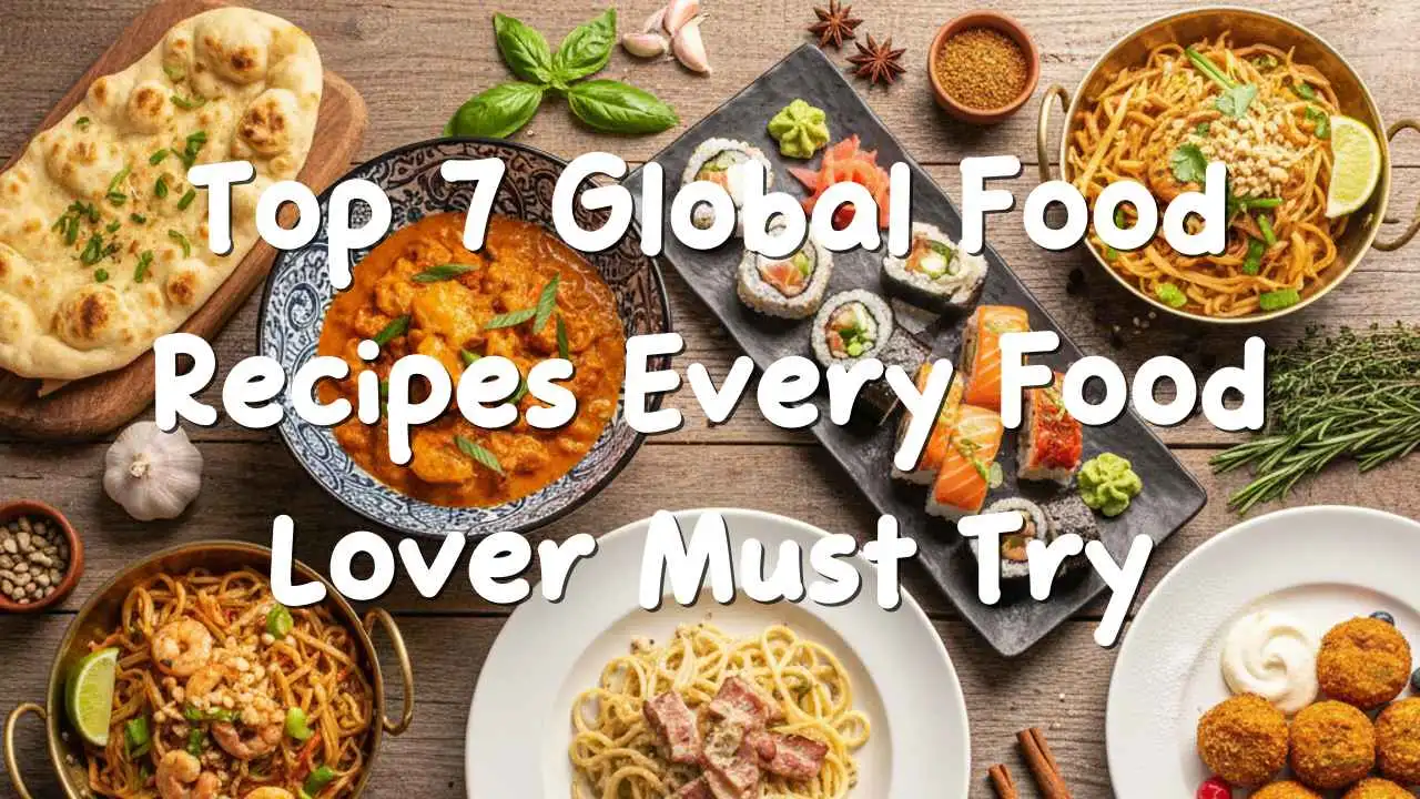 Colorful spread of world cuisines including pasta, tacos, curry, and sushi