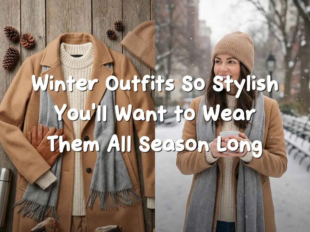 Cozy winter outfit flat-lay with sweaters, boots, scarves, and warm textures