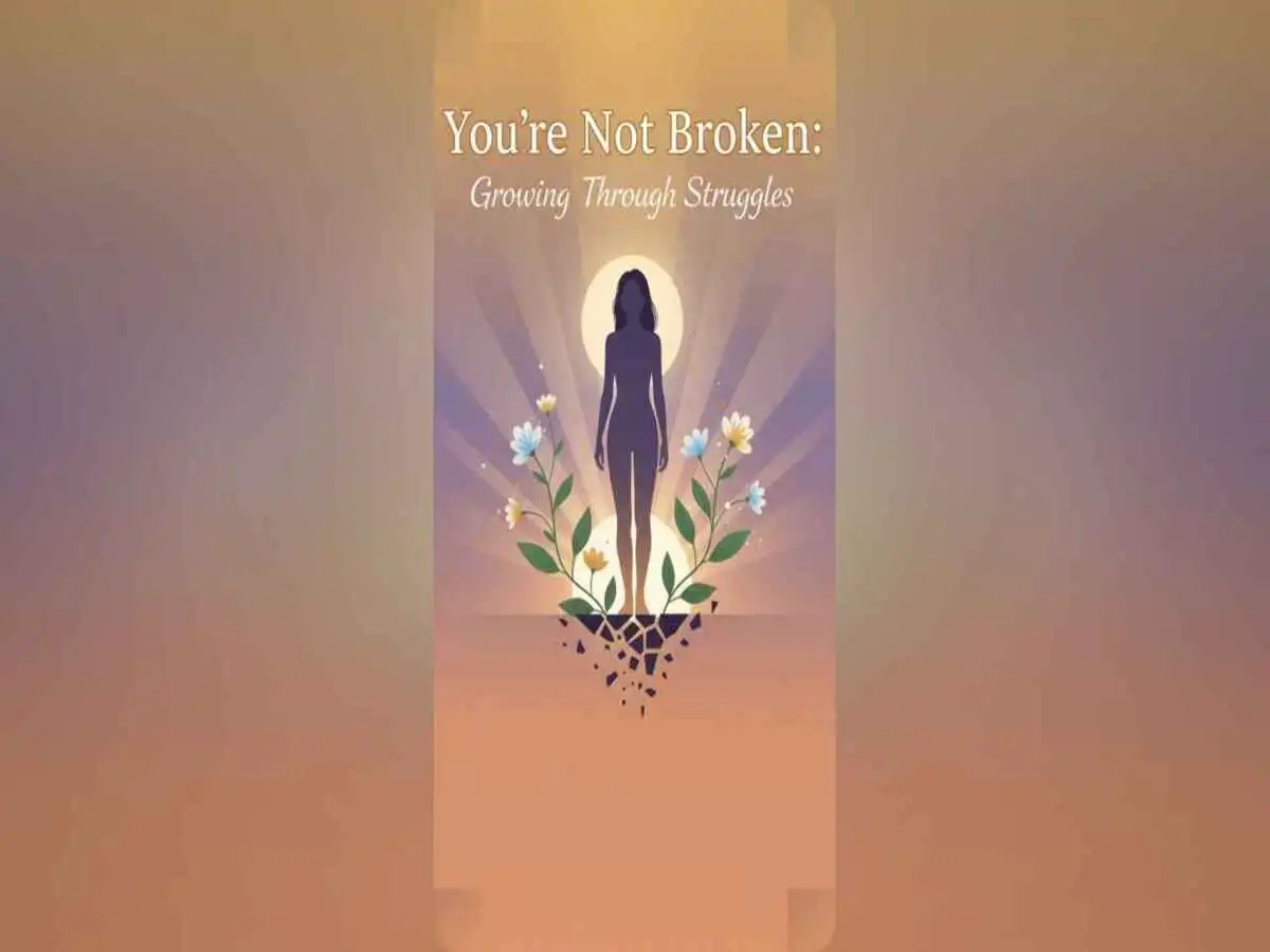 A person standing strong amidst broken pieces that transform into growth